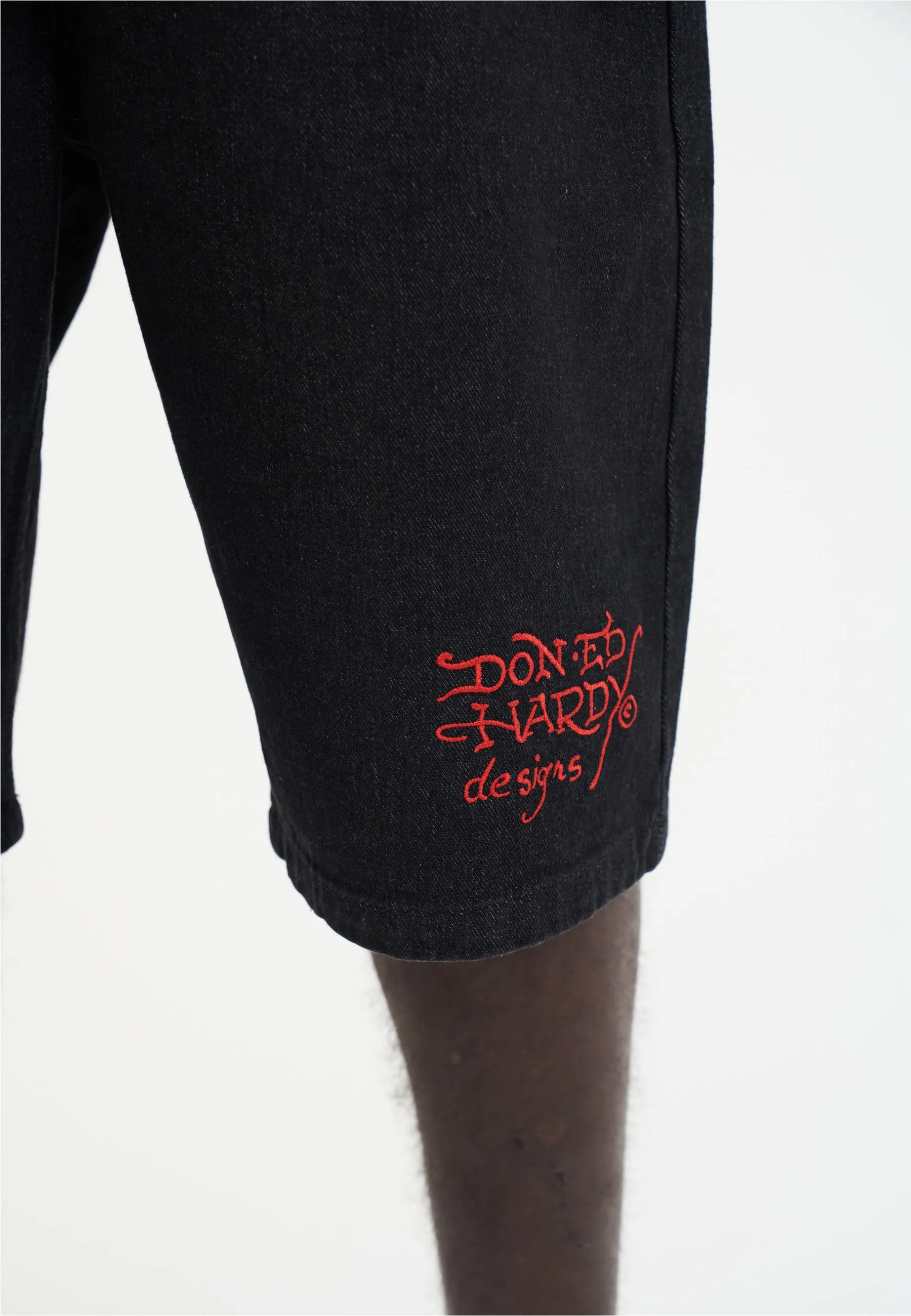 Mens Sever Snake Diamante Denim Jorts Shorts  - Black