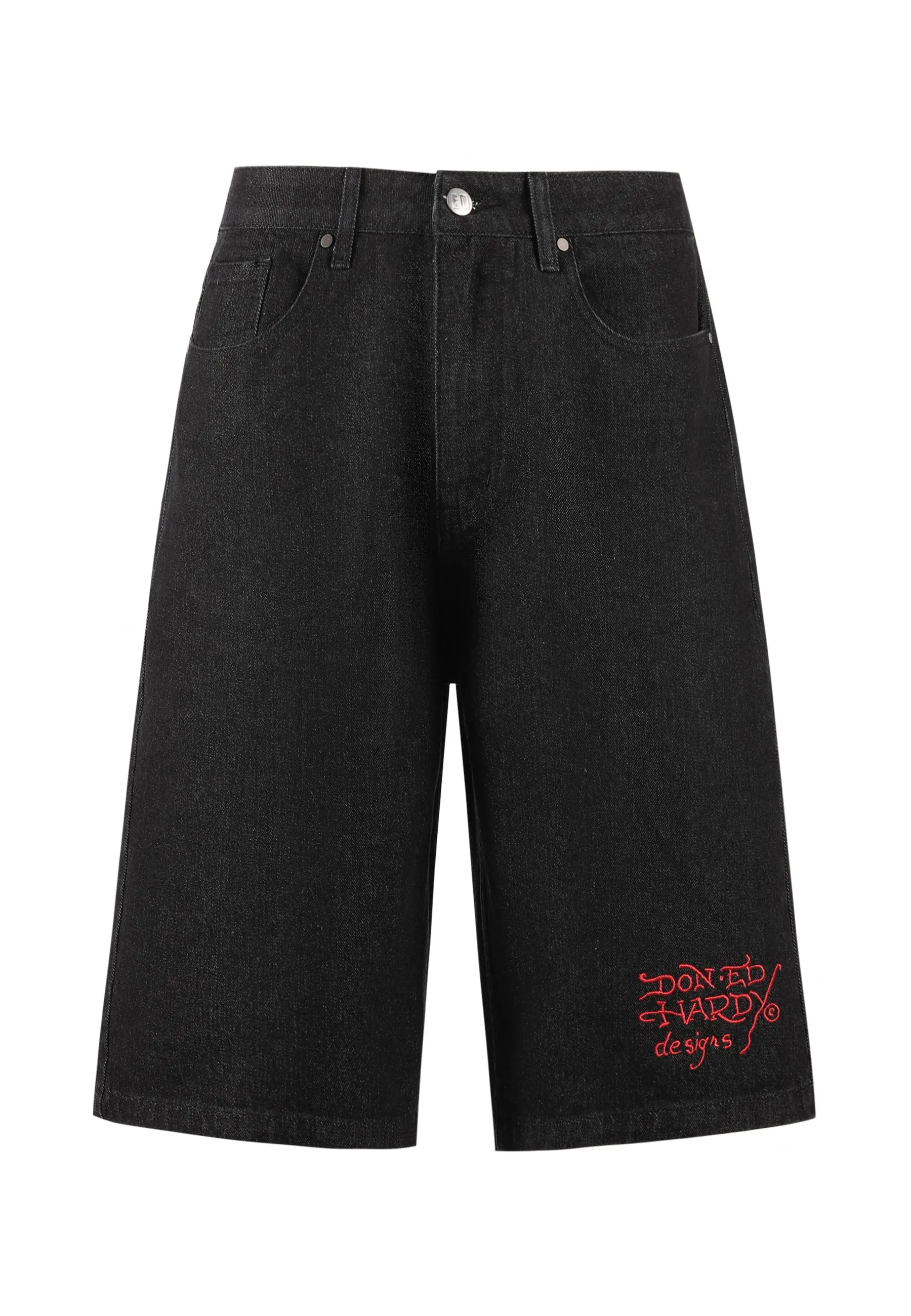 Mens Sever Snake Diamante Denim Jorts Shorts  - Black