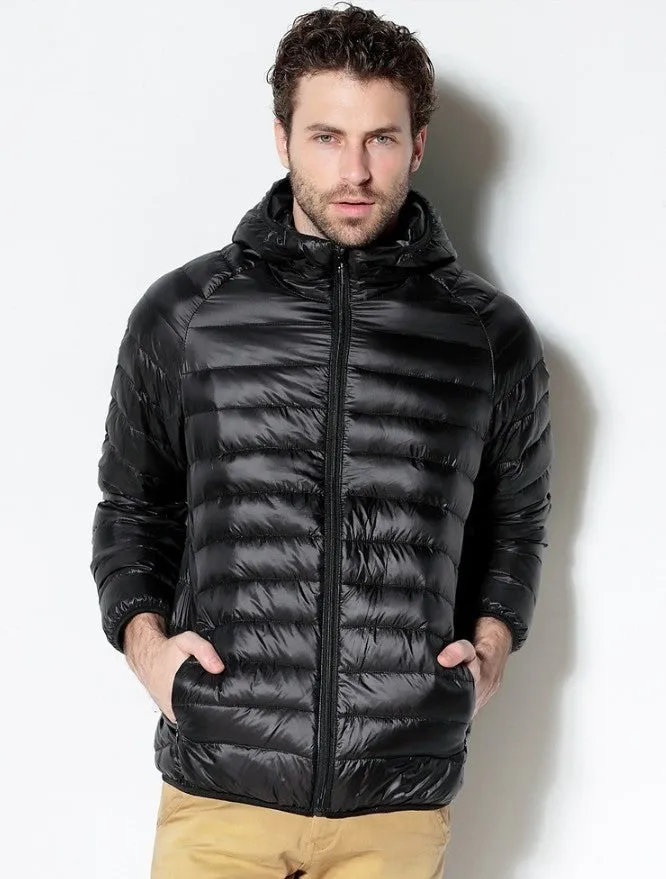 Men's Solid Color Hooded Striped Fashion Lightweight Down Jacket