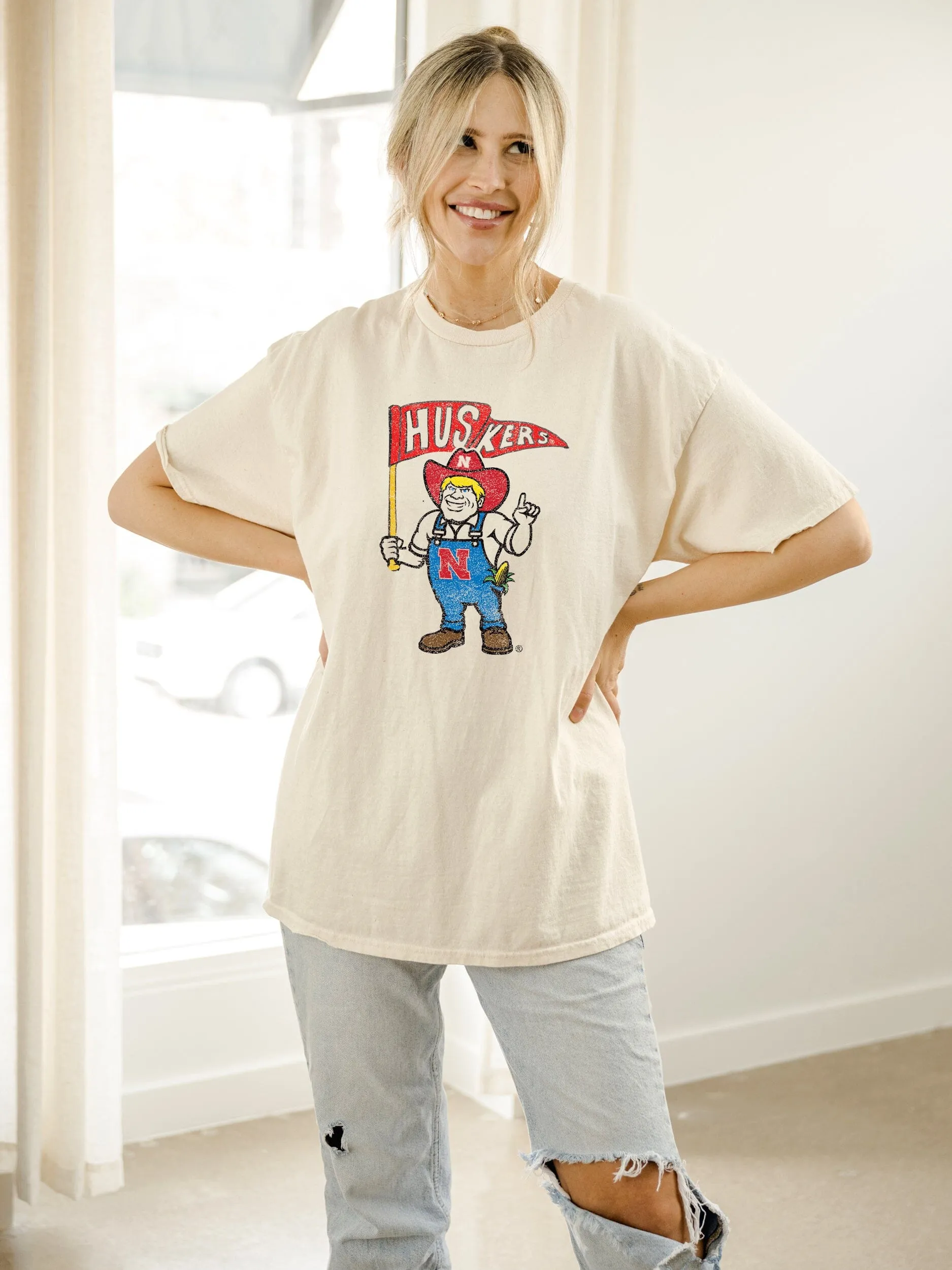 Nebraska Huskers Mascot Flag Off White Thrifted Tee