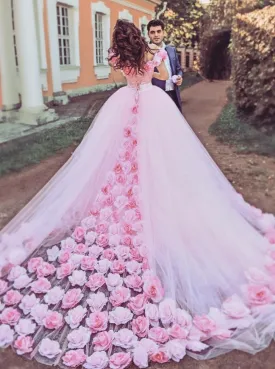 Off the Shoulder Ball Gown Prom Dress Flowers Decorated Wedding Gowns with Train #ER2172
