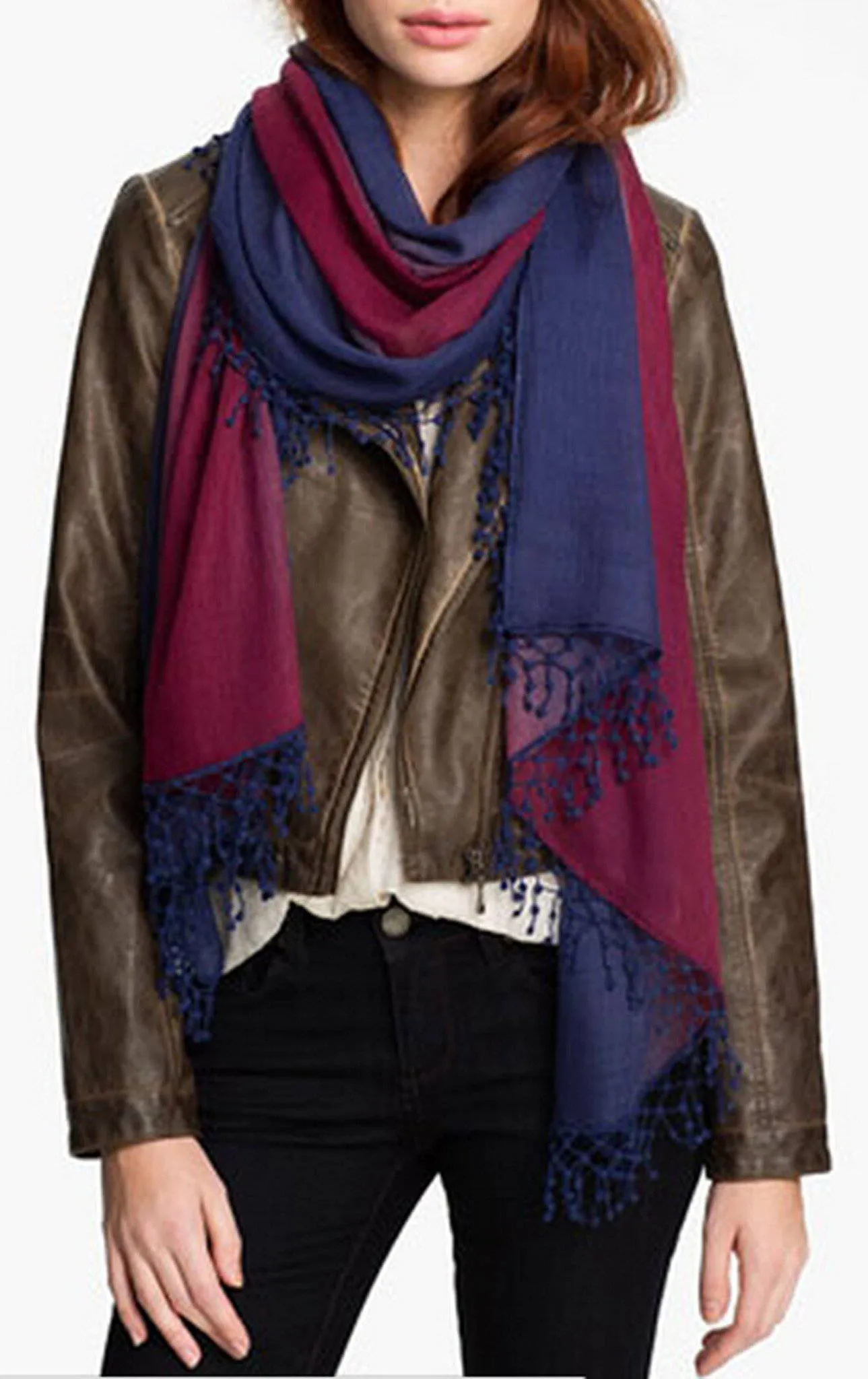 Ombre Fringe Scarf - Deep Blue/Plum