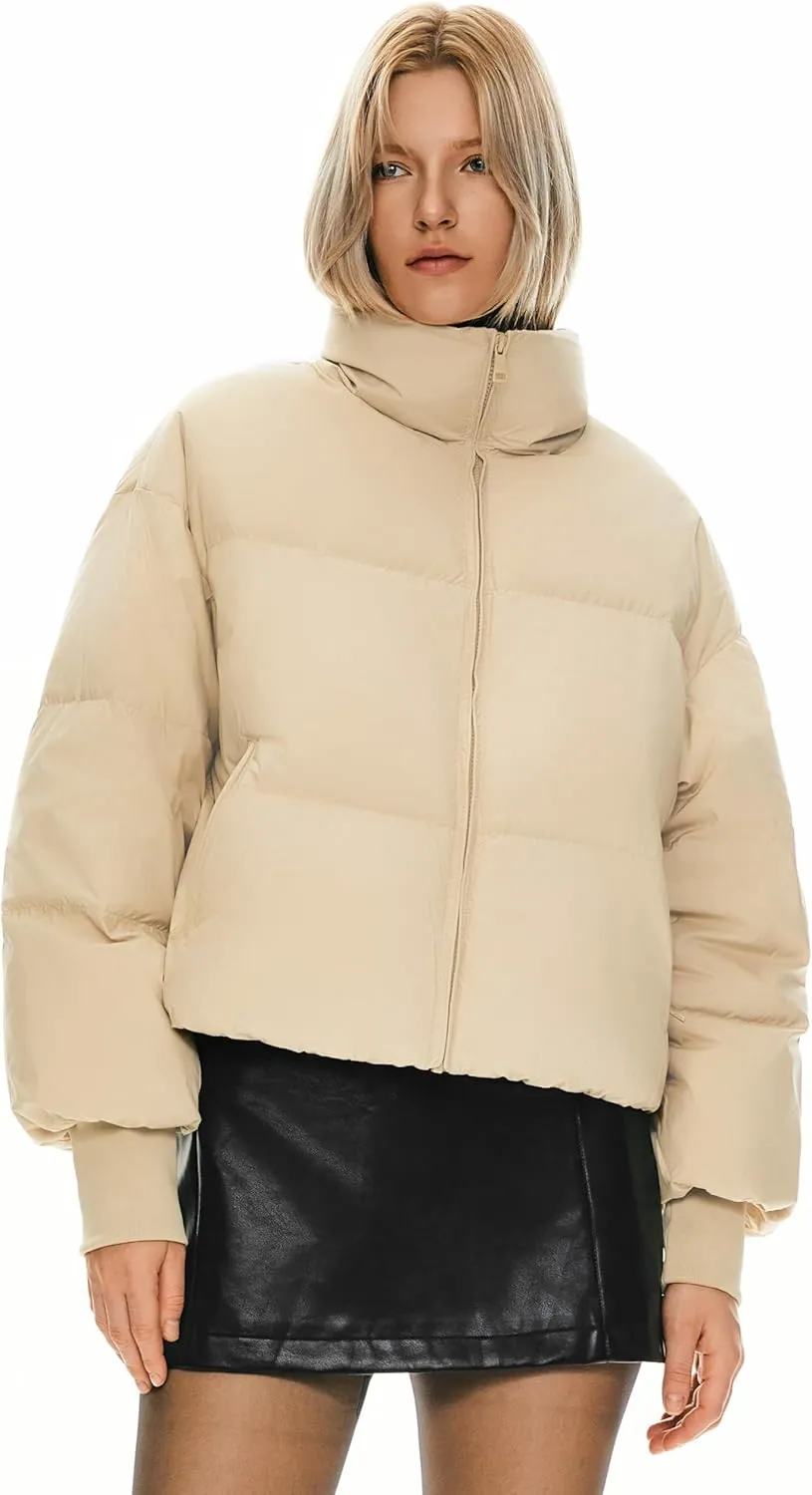 Orolay Women's Winter Oversized Cropped Puffer Jacket Zip Up Short Down Coat Stand Collar Baggy Overcoat