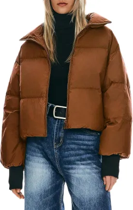 Orolay Women's Winter Oversized Cropped Puffer Jacket Zip Up Short Down Coat Stand Collar Baggy Overcoat