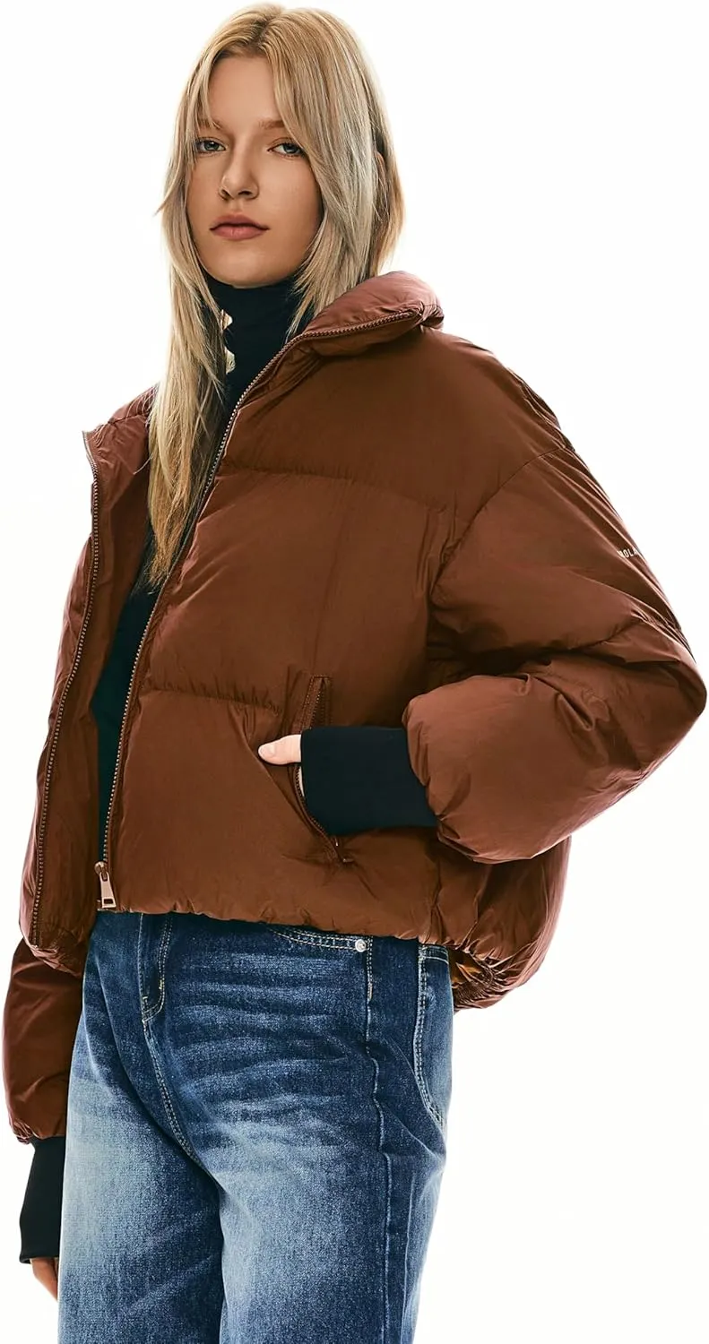 Orolay Women's Winter Oversized Cropped Puffer Jacket Zip Up Short Down Coat Stand Collar Baggy Overcoat