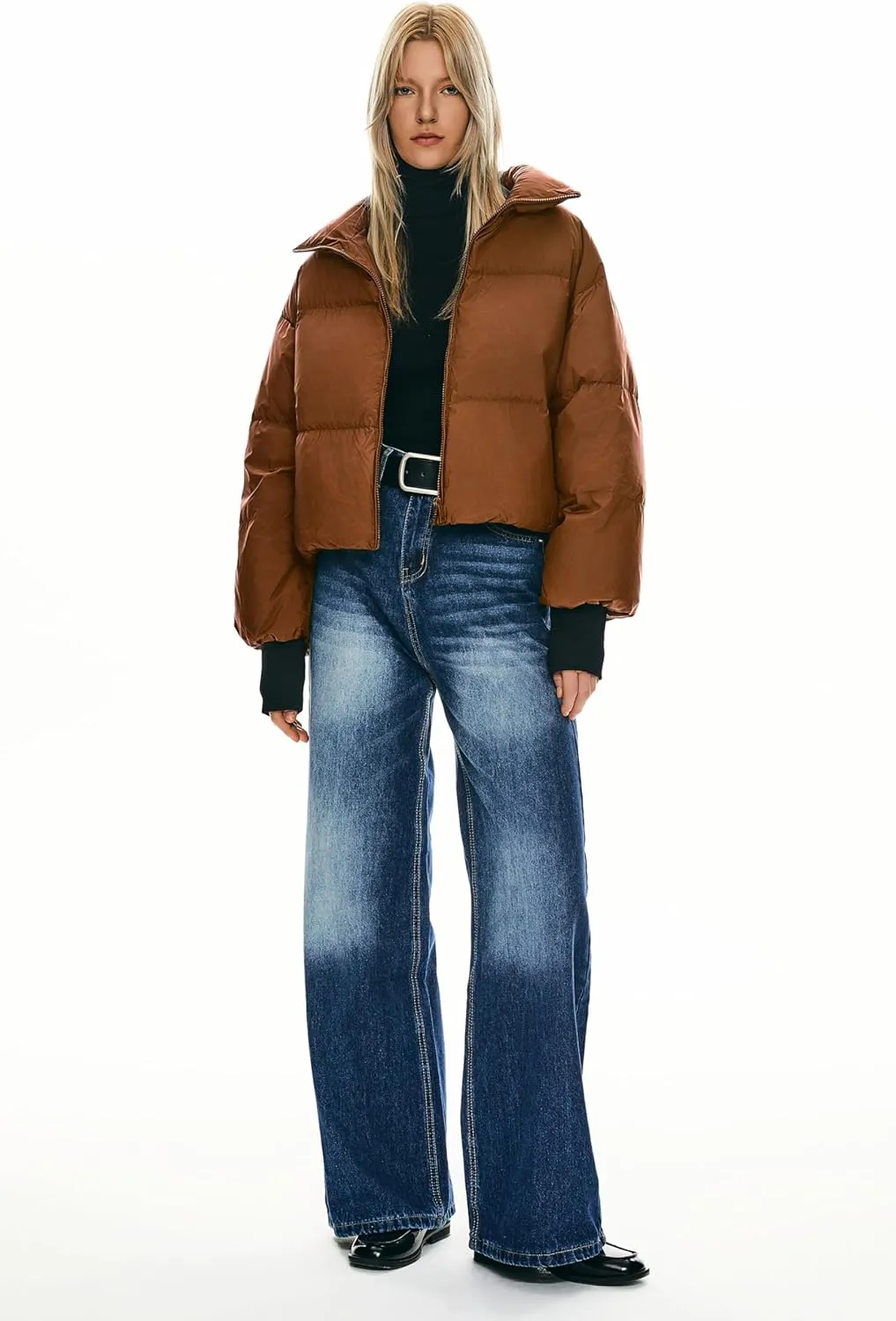 Orolay Women's Winter Oversized Cropped Puffer Jacket Zip Up Short Down Coat Stand Collar Baggy Overcoat