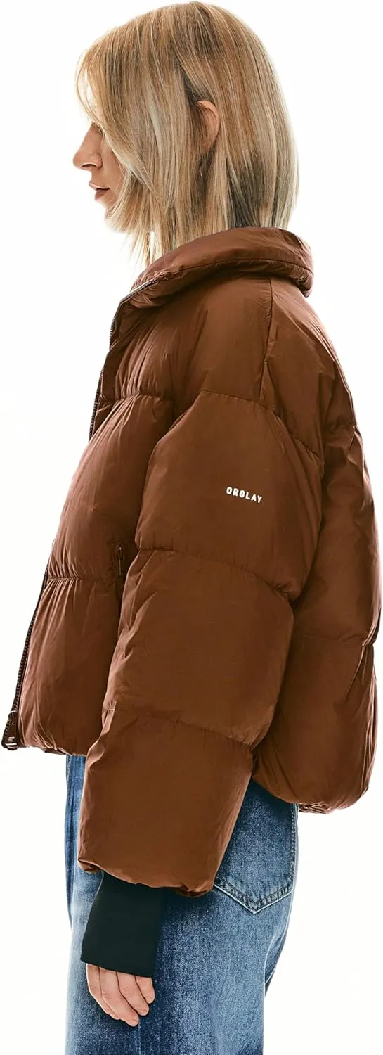 Orolay Women's Winter Oversized Cropped Puffer Jacket Zip Up Short Down Coat Stand Collar Baggy Overcoat
