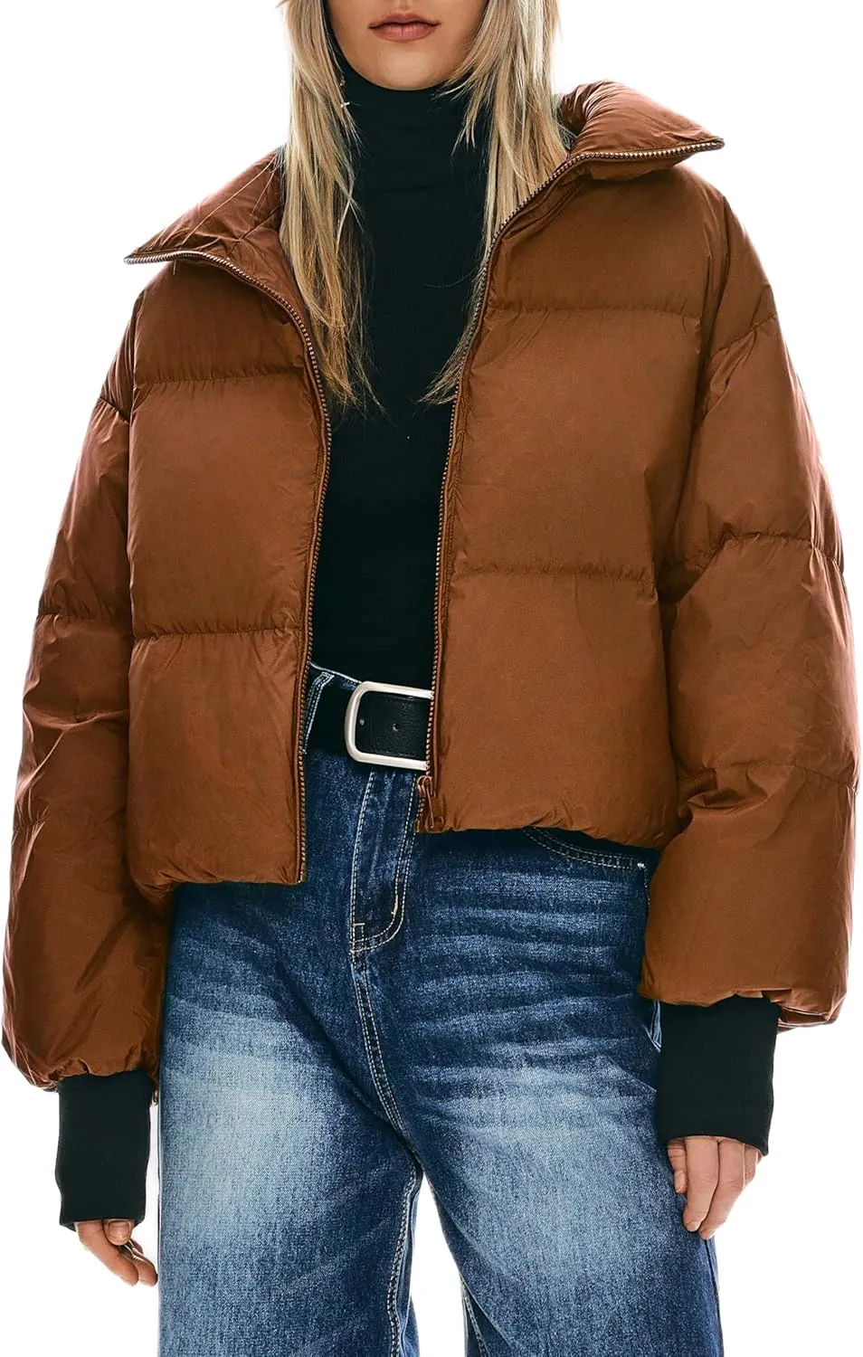 Orolay Women's Winter Oversized Cropped Puffer Jacket Zip Up Short Down Coat Stand Collar Baggy Overcoat