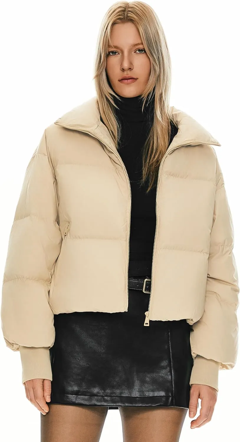Orolay Women's Winter Oversized Cropped Puffer Jacket Zip Up Short Down Coat Stand Collar Baggy Overcoat