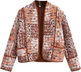 Perbai Womens Floral Cropped Quilted Jacket Lightweight Reversible Open Front Puffer Cardigan Coat