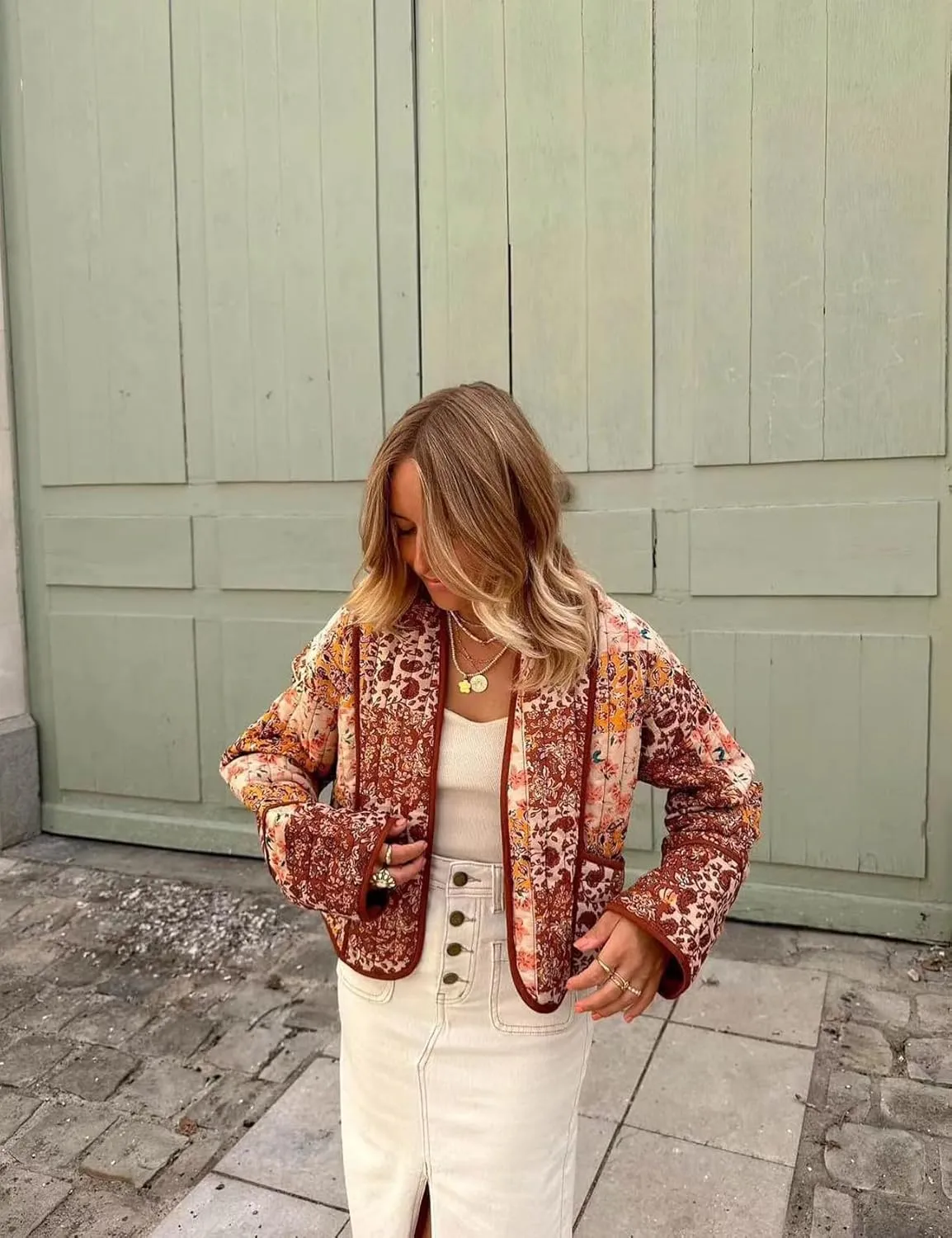 Perbai Womens Floral Cropped Quilted Jacket Lightweight Reversible Open Front Puffer Cardigan Coat