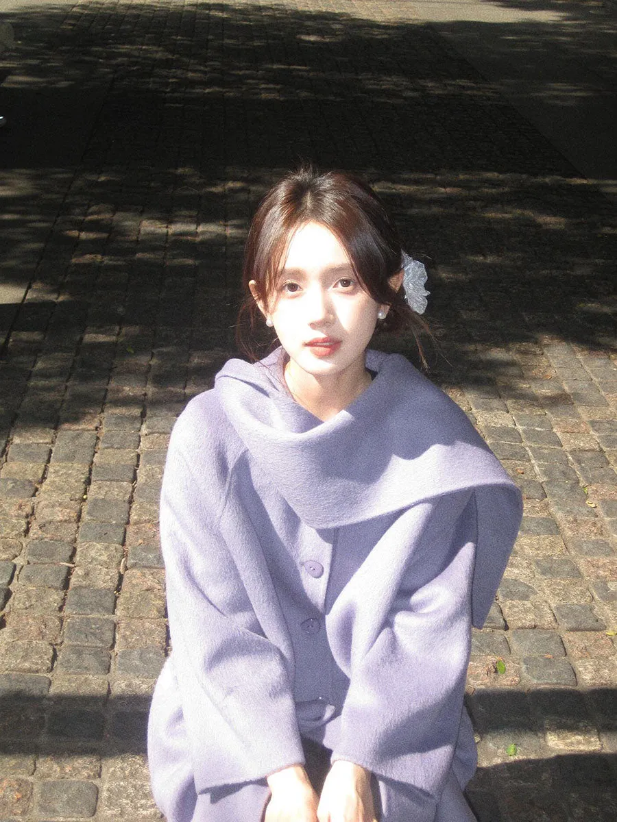 Purple Reversible Cashmere Coat – Luxury Winter Scarf Woolen Cape