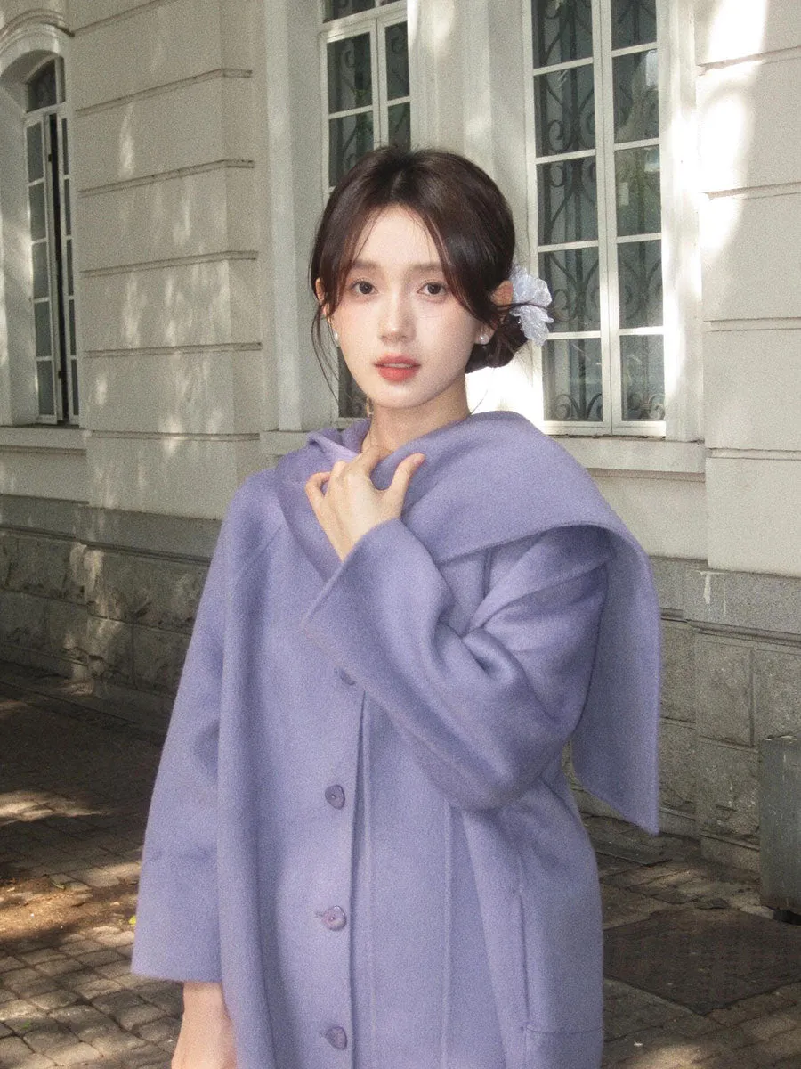 Purple Reversible Cashmere Coat – Luxury Winter Scarf Woolen Cape