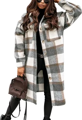 PUWEI Women's Long Flannel Plaid Jacket Shacket Cozy Lapel Button Down Shirt Jacket Fuzzy Trench Coat