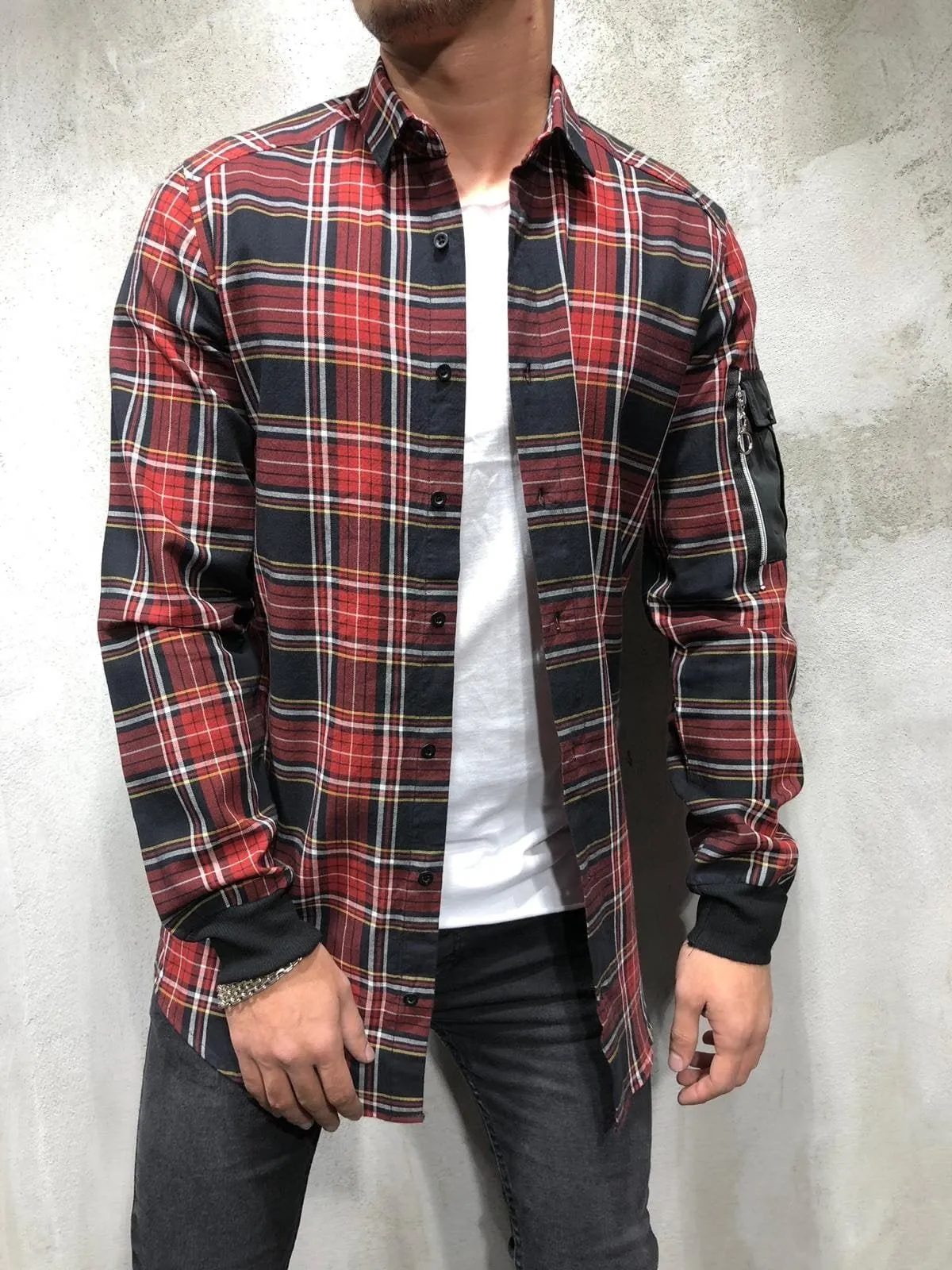 Red Oversize Checkered Side Pocket Shirt A199 Checkered  Shirt