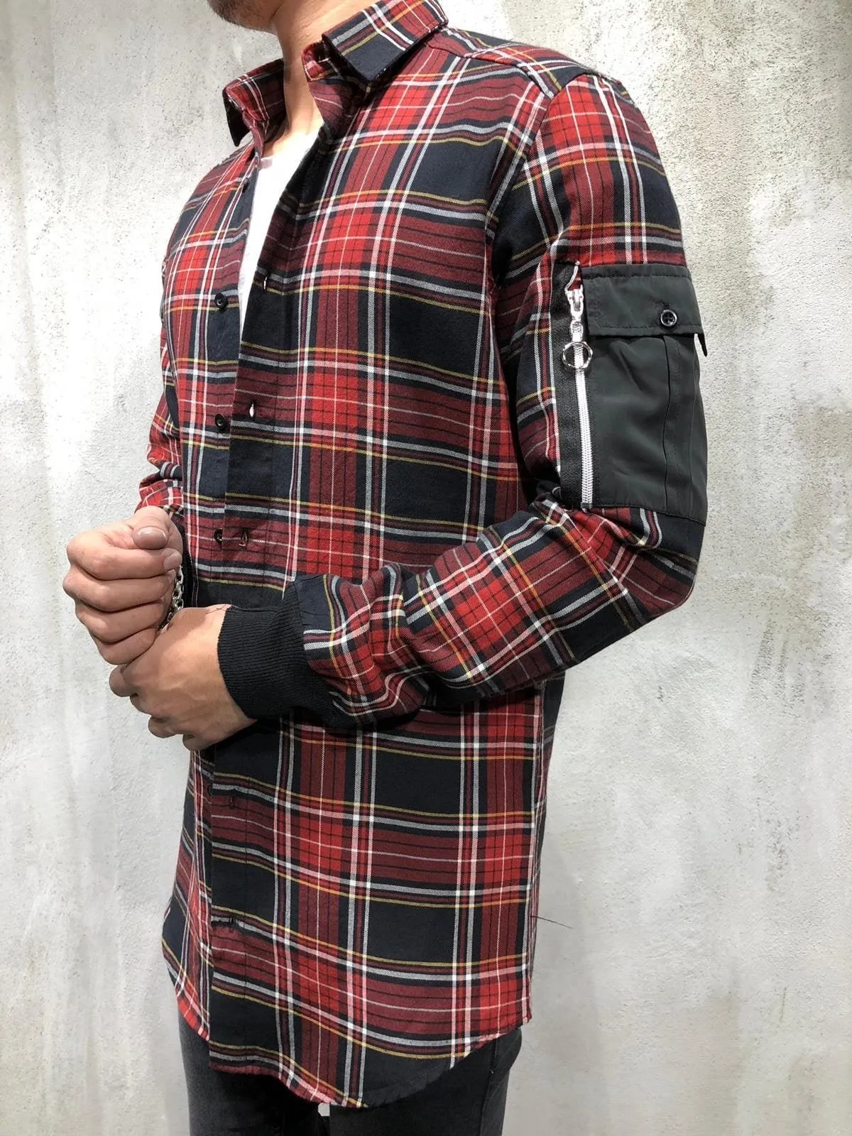 Red Oversize Checkered Side Pocket Shirt A199 Checkered  Shirt