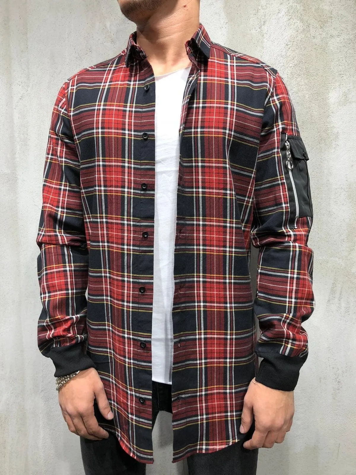 Red Oversize Checkered Side Pocket Shirt A199 Checkered  Shirt