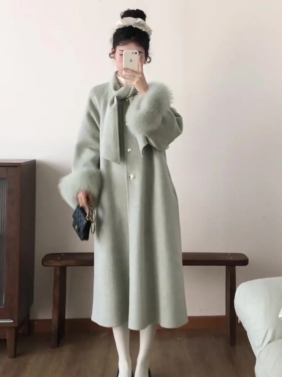 Reversible Cashmere Coat – Chic Mid-Length Fox Fur Scarf Woolen Cape