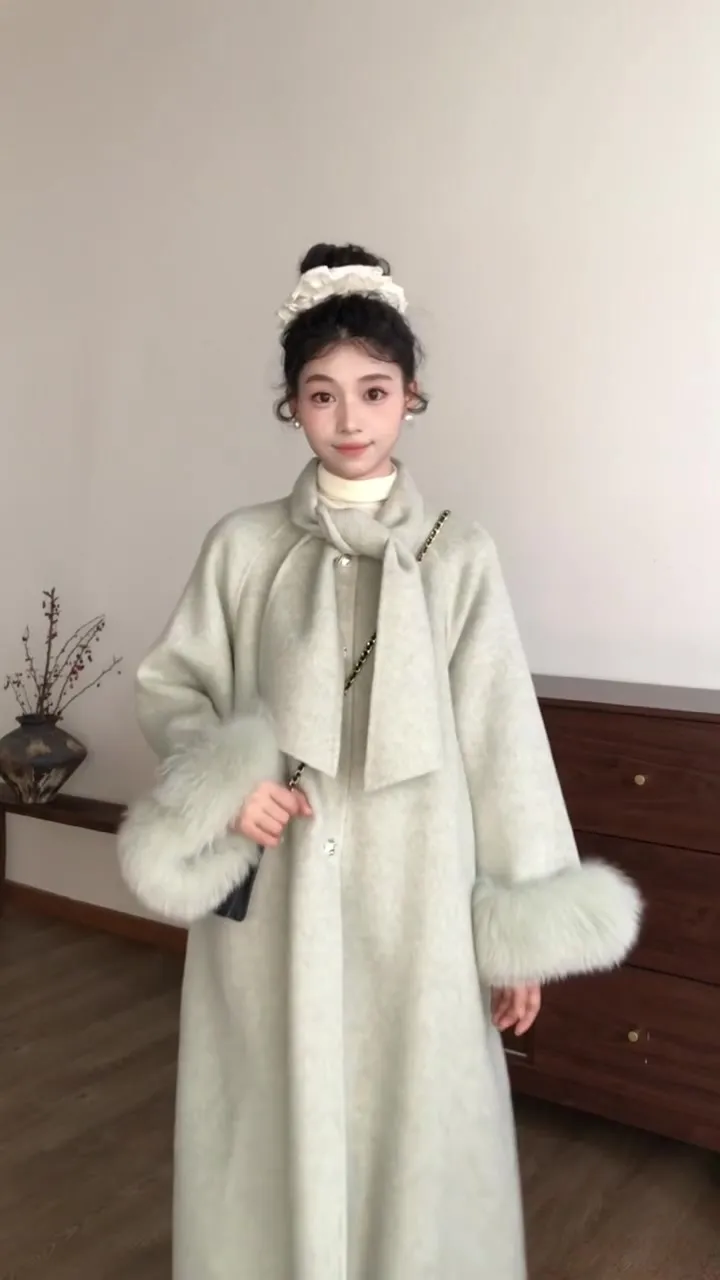 Reversible Cashmere Coat – Chic Mid-Length Fox Fur Scarf Woolen Cape