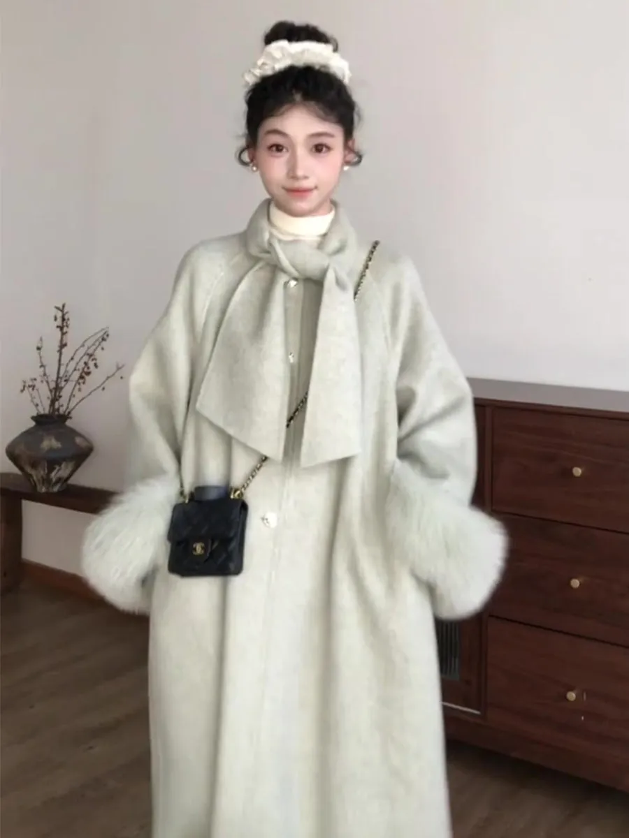 Reversible Cashmere Coat – Chic Mid-Length Fox Fur Scarf Woolen Cape