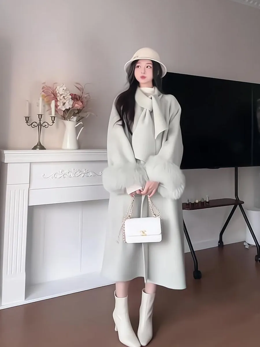 Reversible Cashmere Coat – Elegant Fox Fur Woolen Scarf Jacket