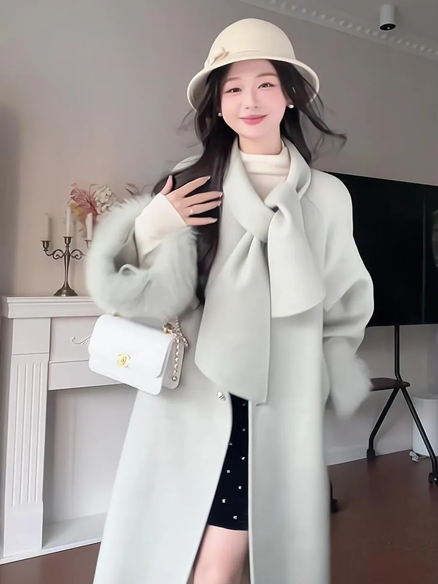 Reversible Cashmere Coat – Elegant Fox Fur Woolen Scarf Jacket