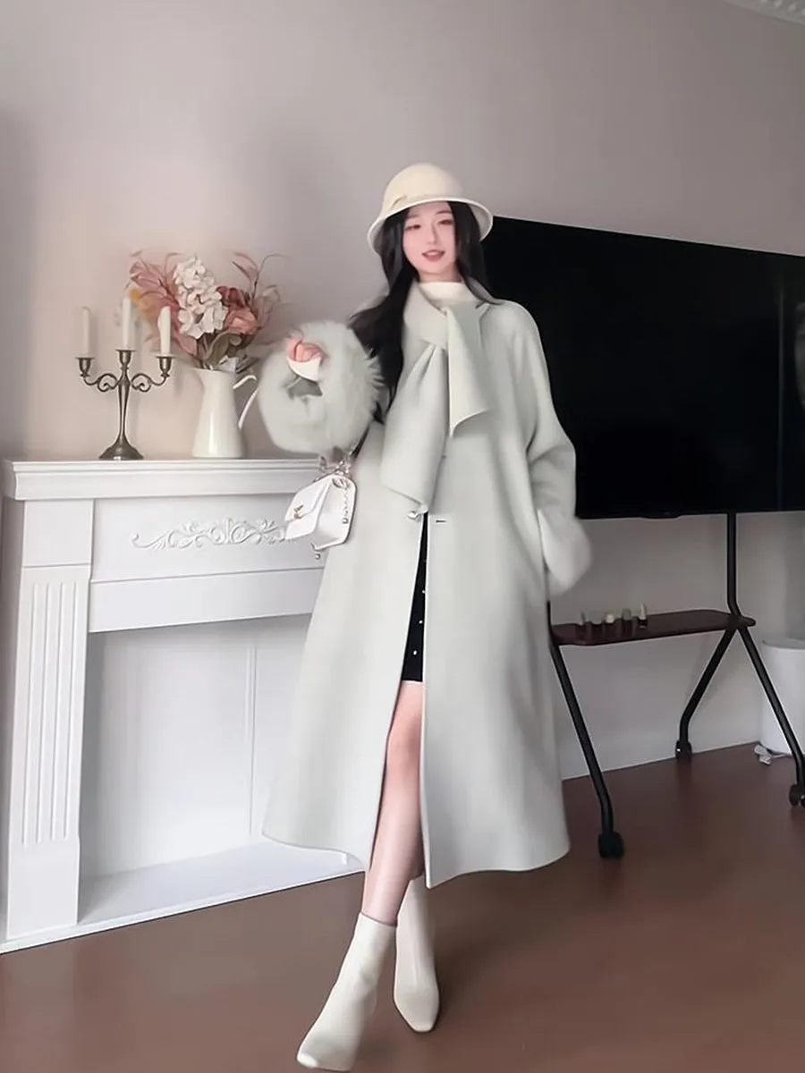 Reversible Cashmere Coat – Elegant Fox Fur Woolen Scarf Jacket