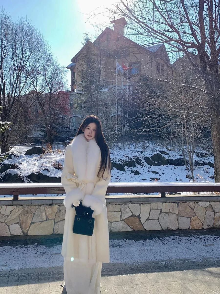 Reversible Cashmere Coat – Elegant Mid-Length Woolen Cape with Eco-Friendly Fox Fur