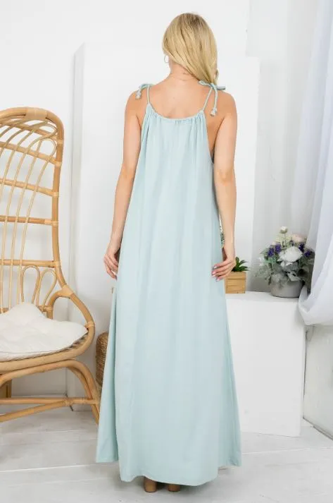 Sage, Tie Maxi Dress, 100% cotton