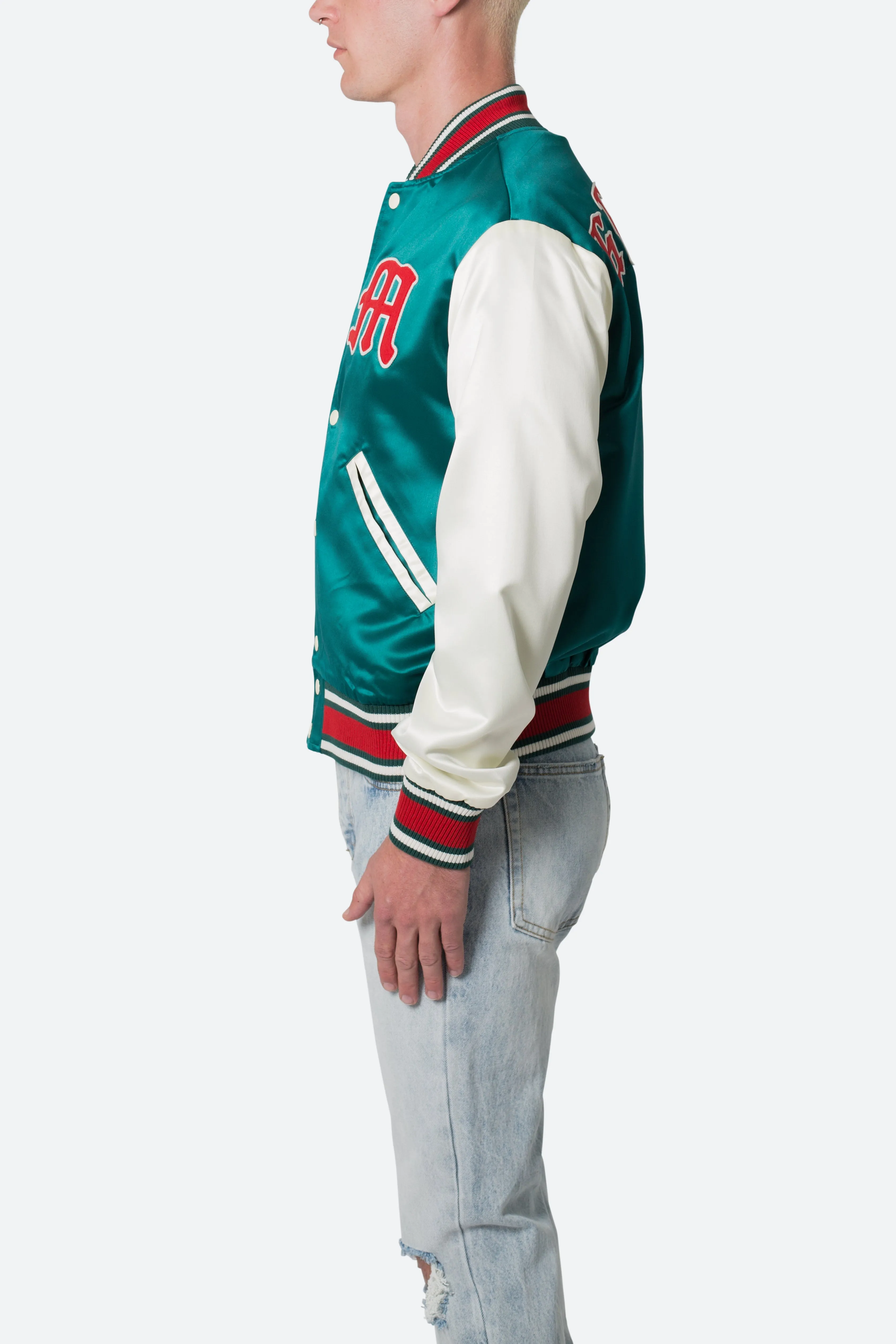 Satin Varsity Jacket - Green/White