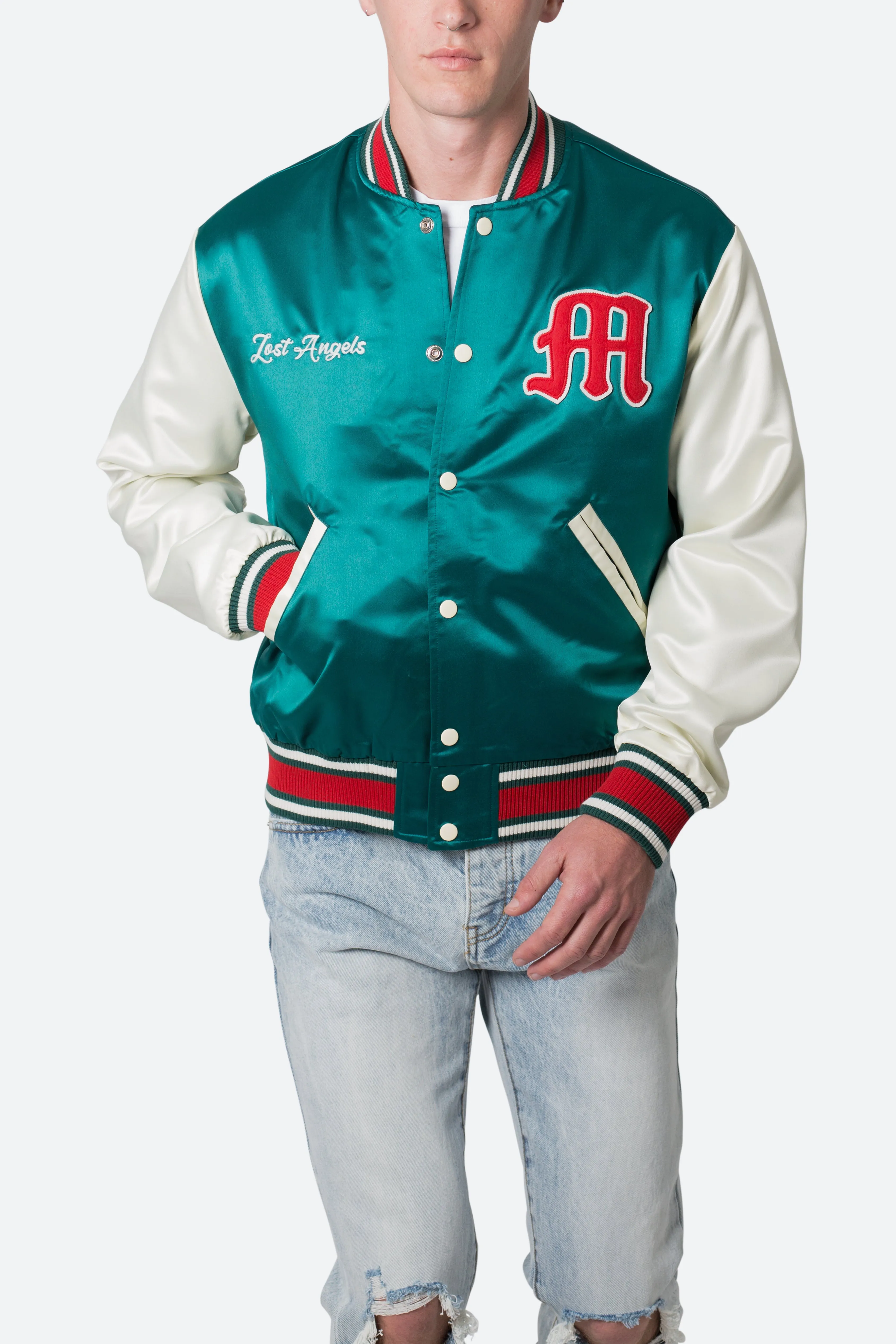 Satin Varsity Jacket - Green/White