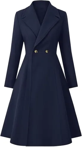 Sexyshine Women's Winter Double Breasted Trench Coat Notch Lapel Collar Wool Blend Pea Coat Swing A Line Long Overcoat