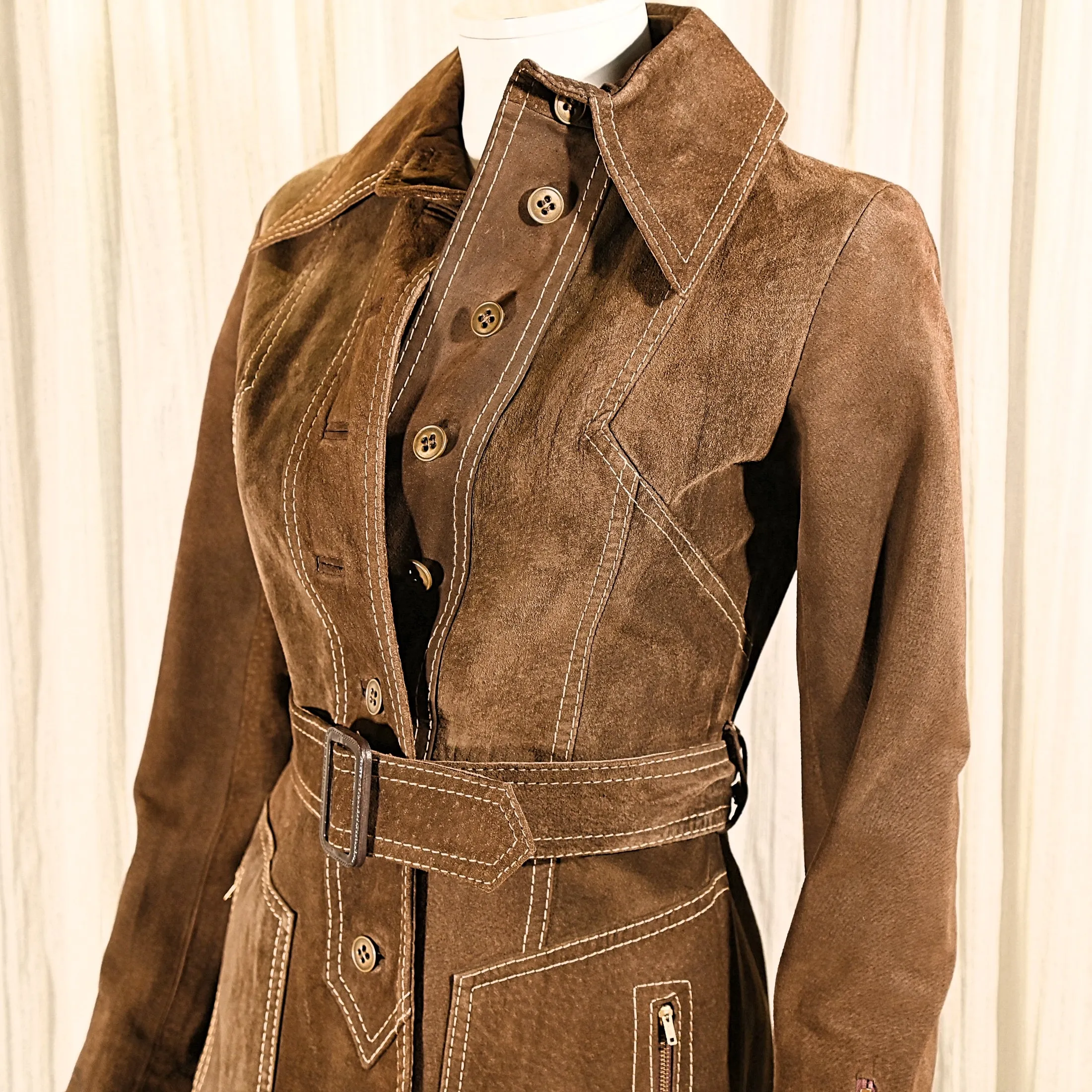 SOLD Vintage 70s Brown Suede Midi Coat, Slim Fitted Overcoat XS