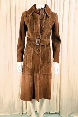 SOLD Vintage 70s Brown Suede Midi Coat, Slim Fitted Overcoat XS
