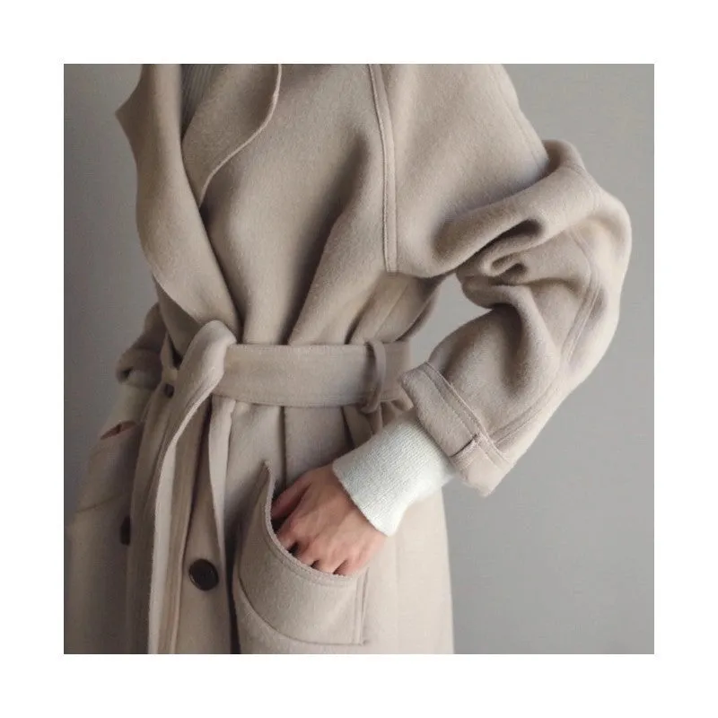 Solid Color Reversible Cashmere Medium-Length Woolen Coat