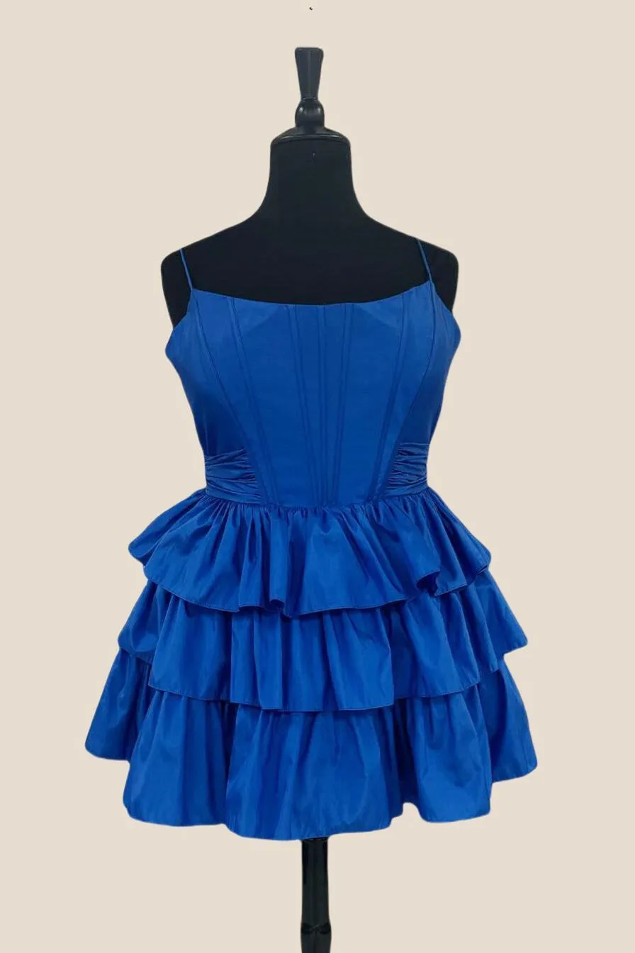 Straps Orange Ruffles A-line Taffeta Short Dress