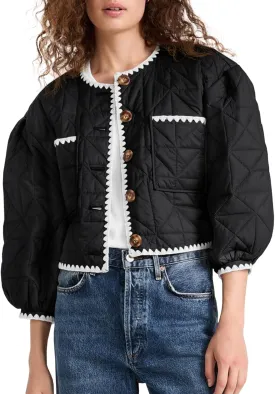 Tankaneo Womens Cropped Quilted Jacket Winter Lightweight Puff 3/4 Sleeve Button Down Contrast Trim Coat