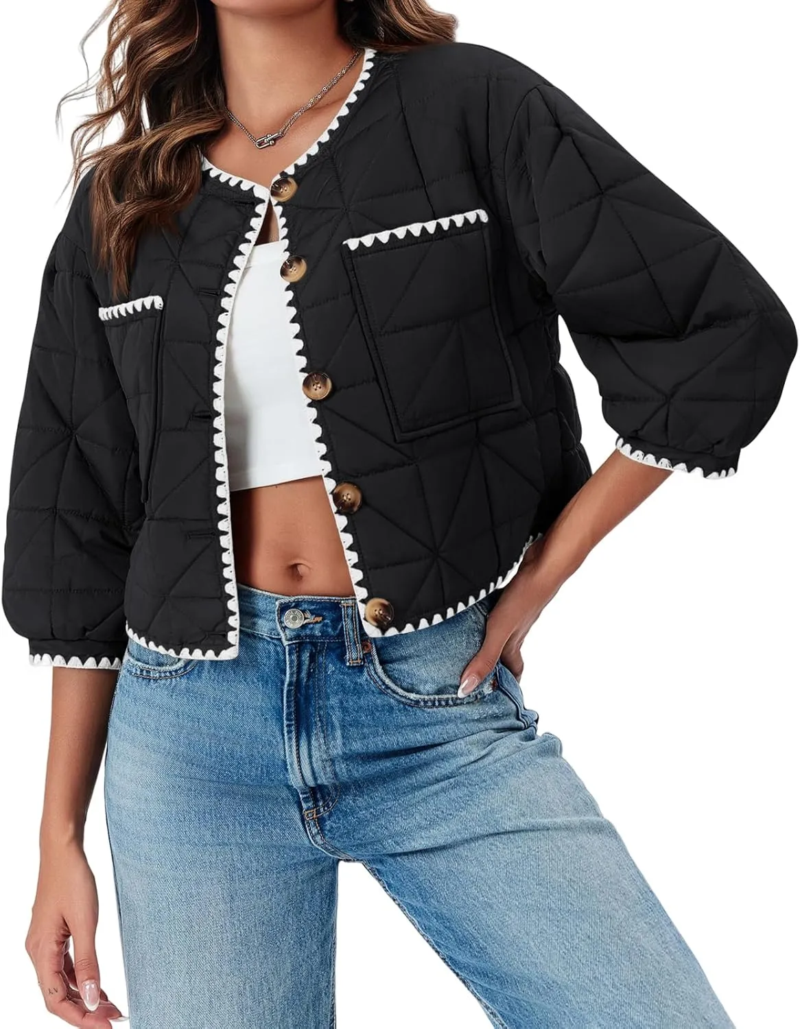Tankaneo Womens Cropped Quilted Jacket Winter Lightweight Puff 3/4 Sleeve Button Down Contrast Trim Coat