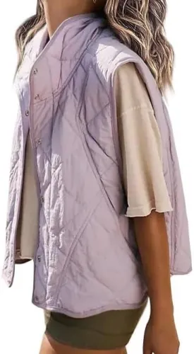 Veatzaer Womens Puffer Vest Cropped Quilted Stand Collar Lightweight Jacket Sleeveless Button Down Tops