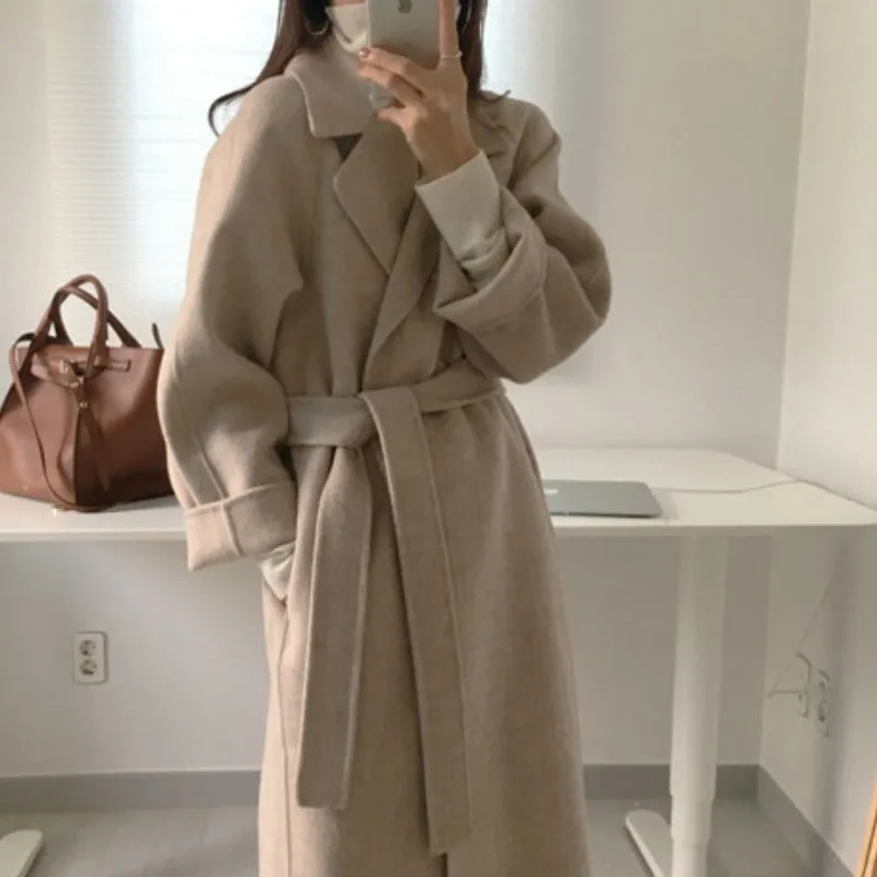 Wenkouban Womens fall fashion Korean Style Chic Autumn and Winter Soft Wool Belted Long Coat