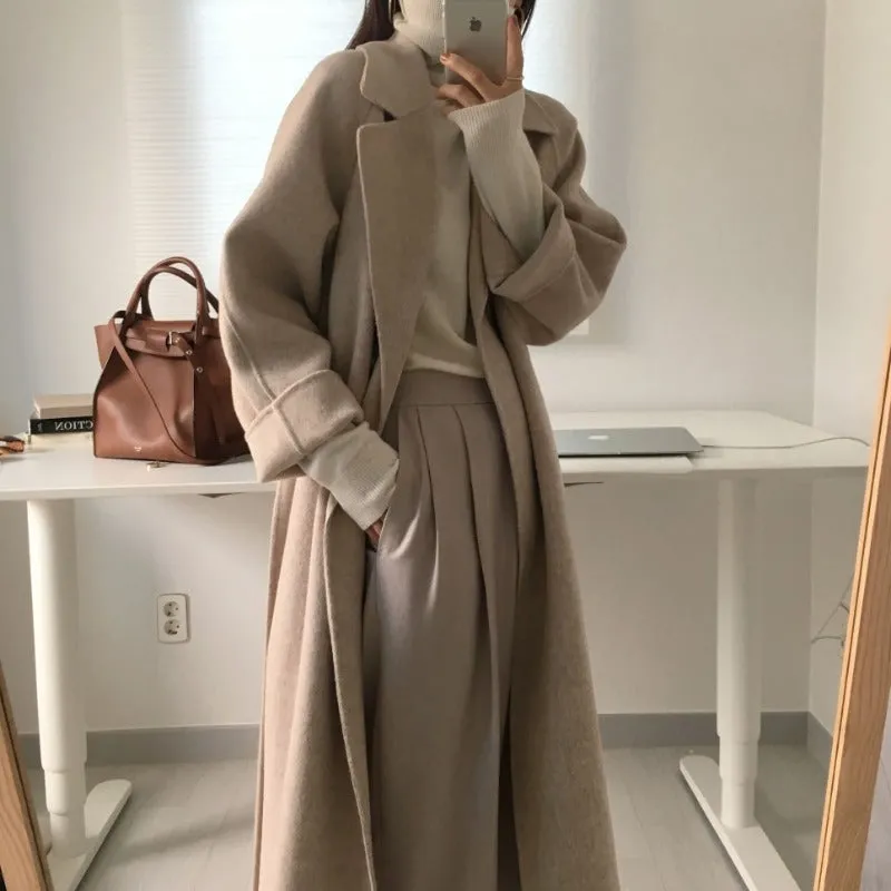 Wenkouban Womens fall fashion Korean Style Chic Autumn and Winter Soft Wool Belted Long Coat