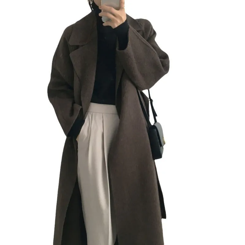 Wenkouban Womens fall fashion Korean Style Chic Autumn and Winter Soft Wool Belted Long Coat