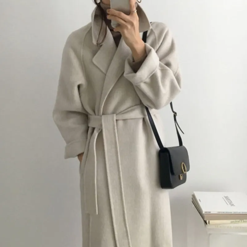 Wenkouban Womens fall fashion Korean Style Chic Autumn and Winter Soft Wool Belted Long Coat