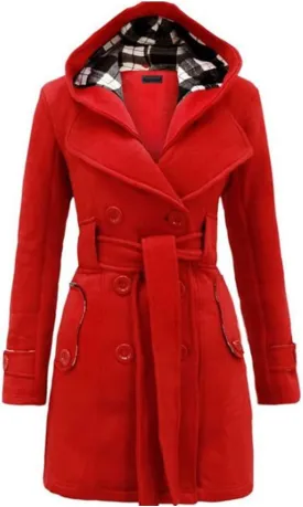 Women Casual Outwear Double Breasted Belt Hooded Long Sleeve Woolen Trench Coat