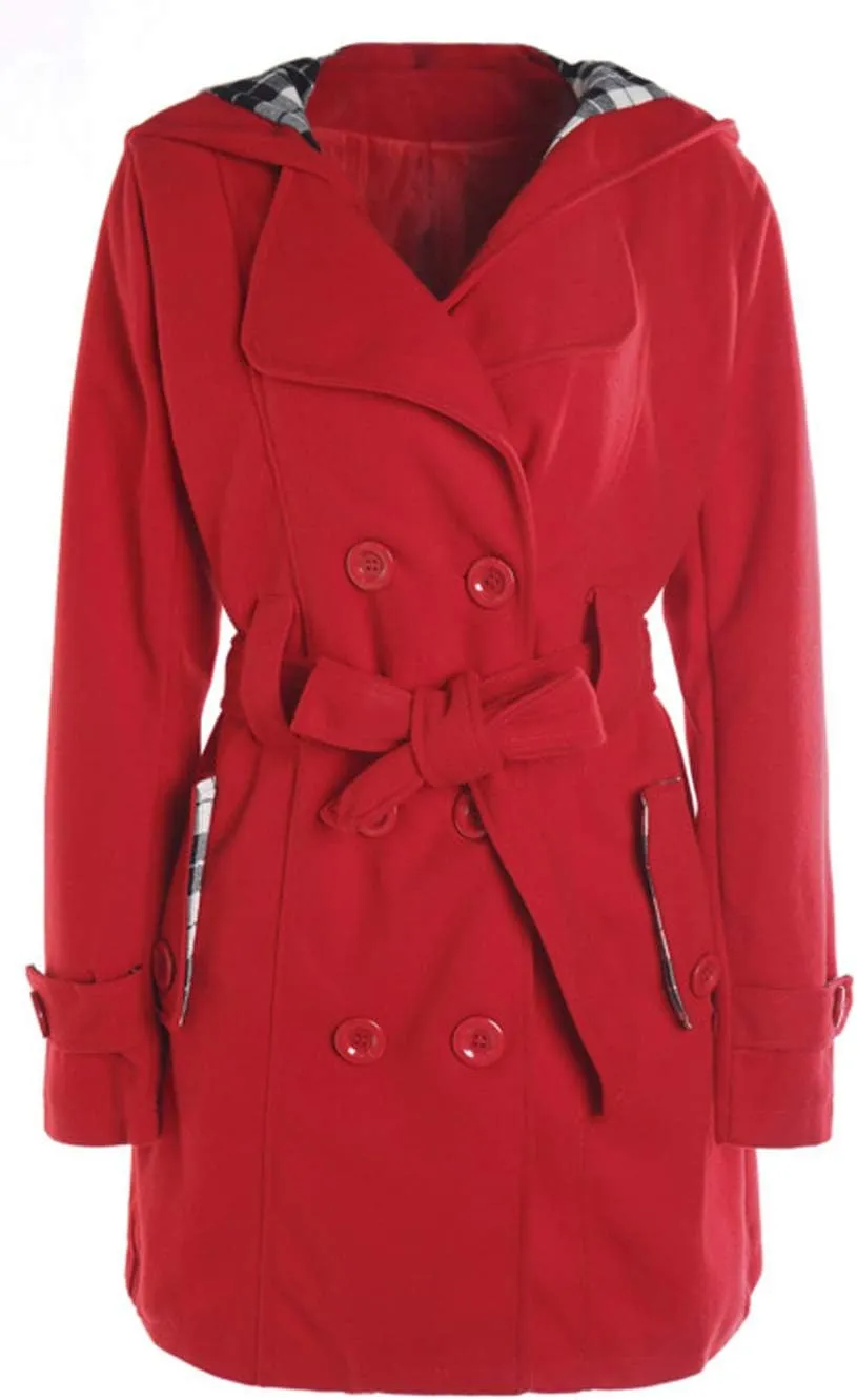 Women Casual Outwear Double Breasted Belt Hooded Long Sleeve Woolen Trench Coat