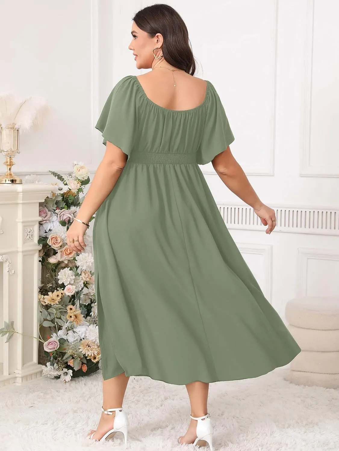 Women Plus Size Dress Wedding Guest Formal Ruffle Short Sleeve Square Neck Smocked Flowy A Line Slit Maxi Dresses
