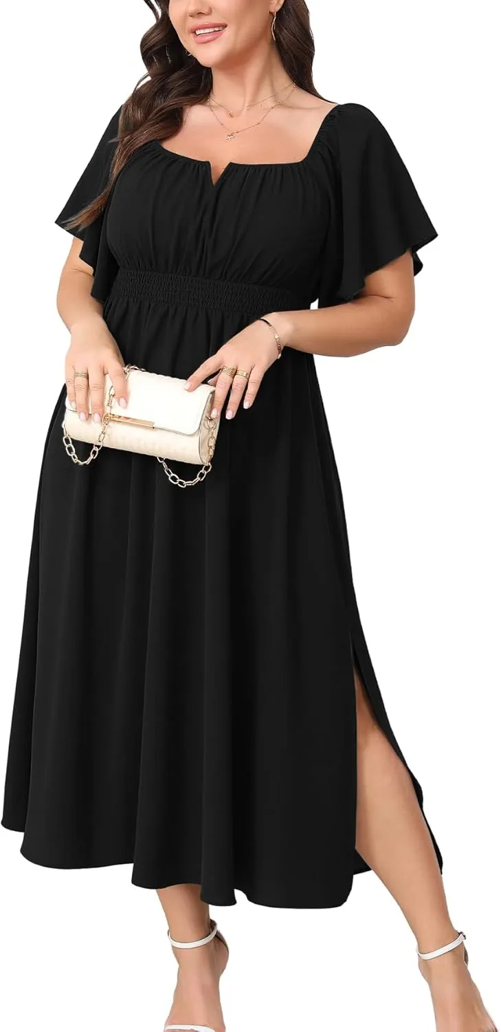 Women Plus Size Dress Wedding Guest Formal Ruffle Short Sleeve Square Neck Smocked Flowy A Line Slit Maxi Dresses