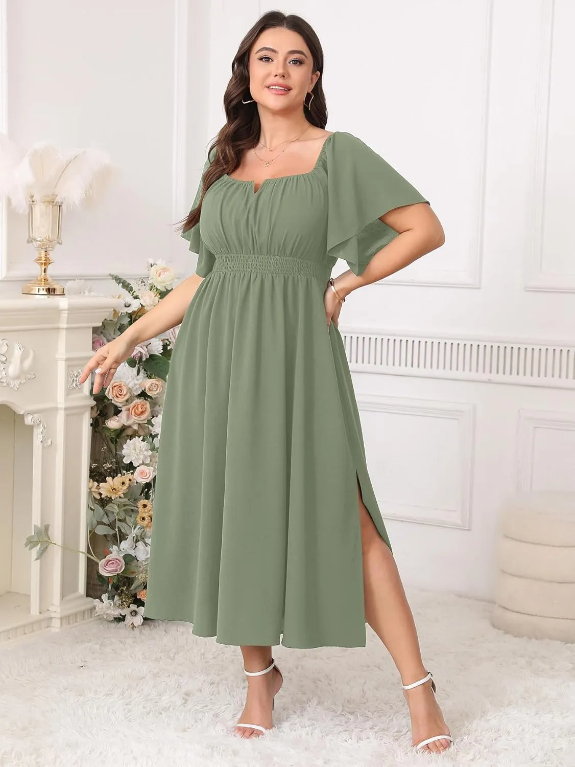 Women Plus Size Dress Wedding Guest Formal Ruffle Short Sleeve Square Neck Smocked Flowy A Line Slit Maxi Dresses