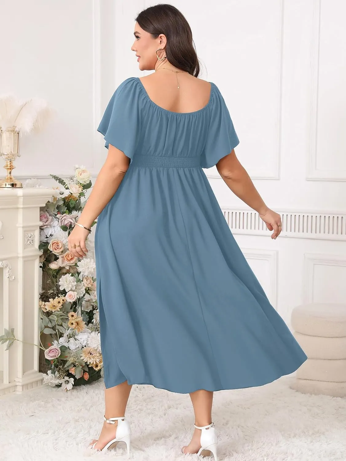 Women Plus Size Dress Wedding Guest Formal Ruffle Short Sleeve Square Neck Smocked Flowy A Line Slit Maxi Dresses