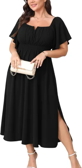 Women Plus Size Dress Wedding Guest Formal Ruffle Short Sleeve Square Neck Smocked Flowy A Line Slit Maxi Dresses